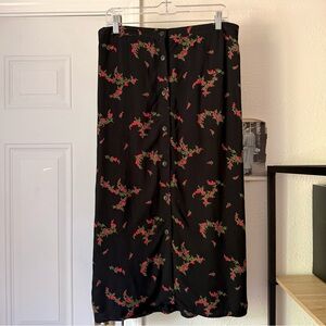 CARIBOU New York vintage black floral rayon button up midi maxi skirt